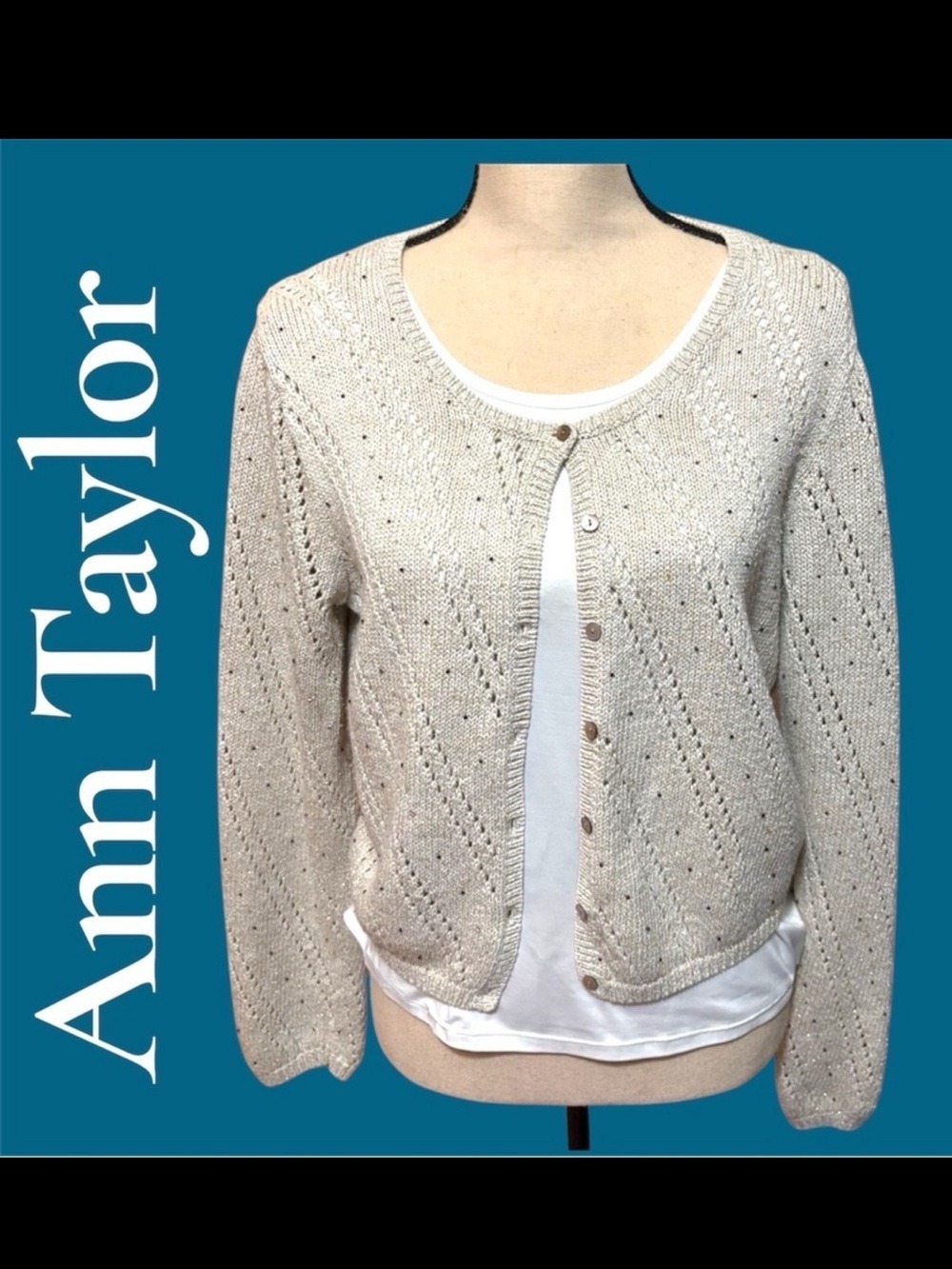 Ann Taylor Beaded linen blend cardigan. Lightweight/shimmer thread. Medium EUC!